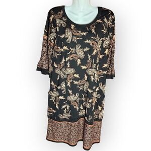 Rabbit Rabbit Designs Paisley Bell Sleeve Dress Black Brown Boho Sz 6 Pockets